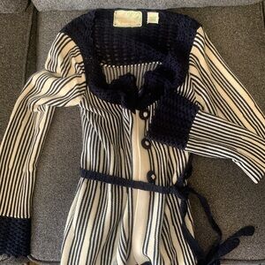 Anthropologie Sparrow Blue & Ivory Striped Cardigan with Crochet Trim Size Small